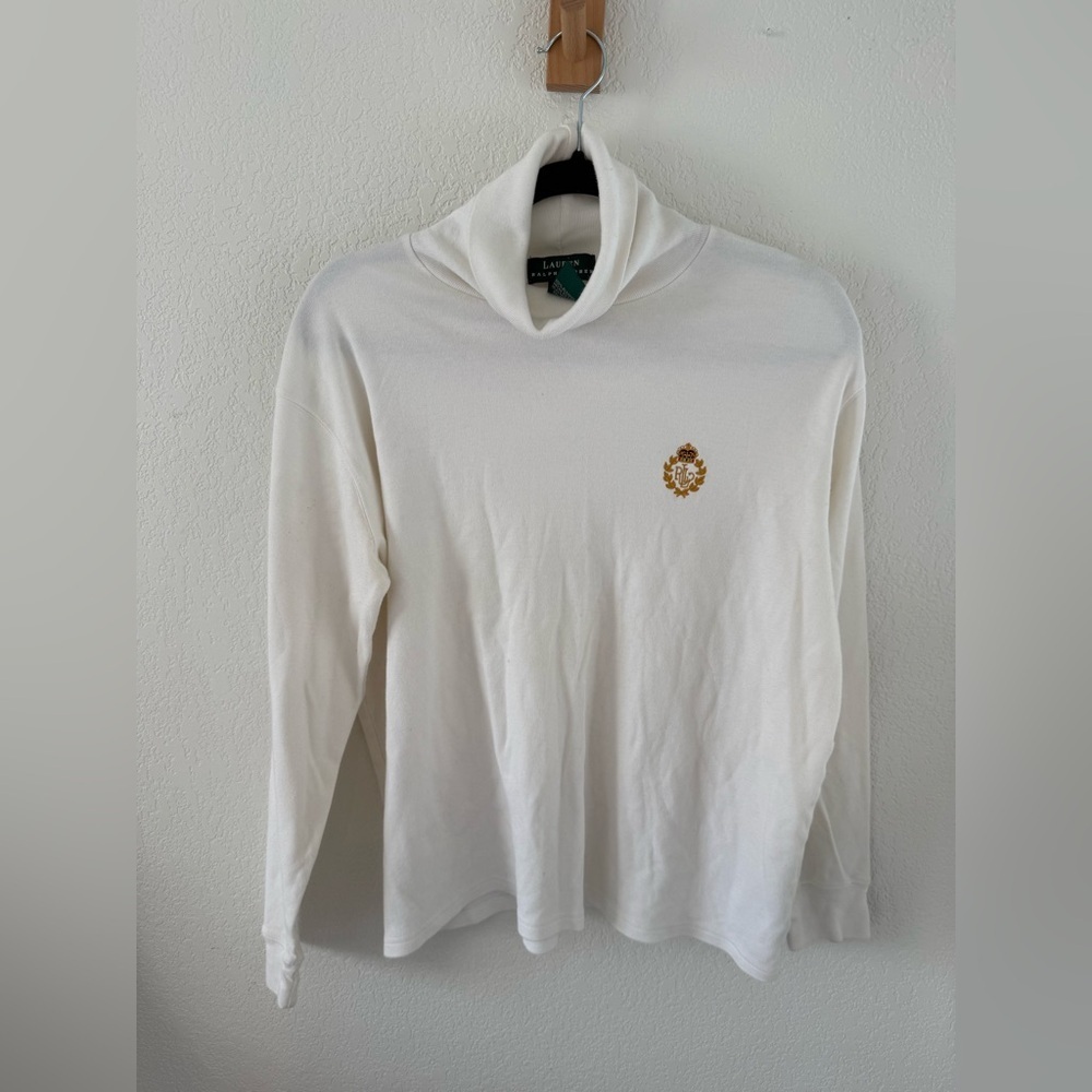 Vintage Ralph Lauren White Long Sleeve Shirt with Gold Emblem